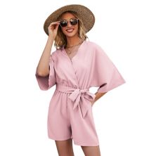 Women Casual V Neck Short Jumpsuits Belted Wrap Flared Half Sleeve Waist Tie Romper MISSKY