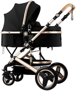 Luxury Baby Stroller 2 in 1 with Bassinet Mode Foldable Infant Stroller High Landscape Reversible Stroller Travel Pram Baby Carriage (Black) Petit B612