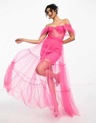 Эксклюзивное розовое платье макси из тюля с корсетом Lace & Beads LACE & BEADS