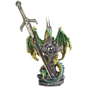 FC Design 5"H Green Dragon with Sword Embracing Cross Statue Fantasy Decoration Figurine F.C Design