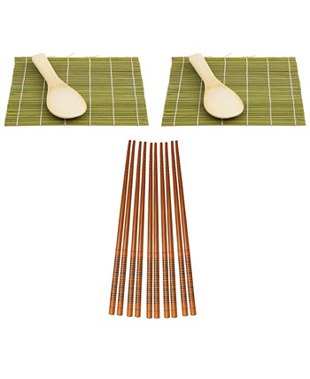 Набор роллов для суши Helen’s Asian Kitchen включает в себя 2 коврика для суши, 2 рисовые лопатки и 10 пар бамбуковых палочек для еды в шелковой упаковке. Helen's Asian Kitchen