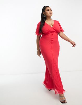 Женское платье средней длины ASOS DESIGN Curve с деталями запаха на талии и рукавами-бабочкой, красное ASOS Curve