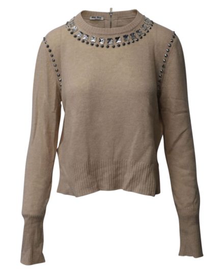 Miu Miu Embellished Long Sleeve Sweater In Brown Wool MIU MIU