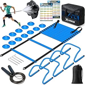 Agility Ladder Speed Training Equipment Set-20ft Agility Ladder,12 Soccer Cones,4 Hurdles, Jump Rope, Running Parachute| Basketball Football Soccer Training Equipment for Kids Youth Adults X-Umeus