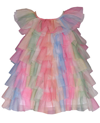 Baby Girls Short Sleeve Rainbow Mesh Ruffle Trapeze Dress Bonnie Baby