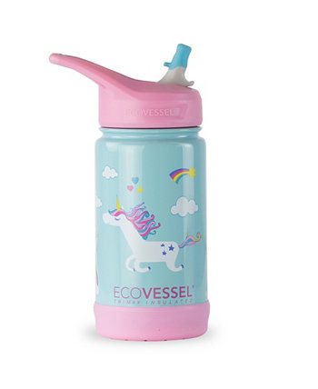 Изолированная бутылка Frost Kids Trimax из нержавеющей стали с дизайнерской откидной соломенной крышкой и силиконовым бампером, 12 унций EcoVessel