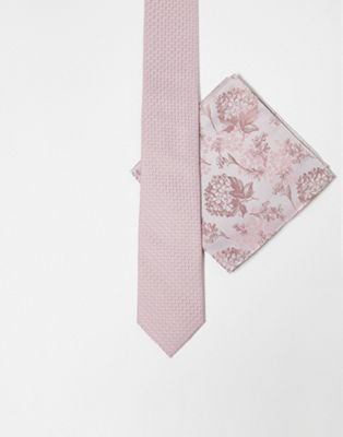 Розовый тонкий галстук ASOS DESIGN с нагрудным платком с цветочным принтом ASOS DESIGN