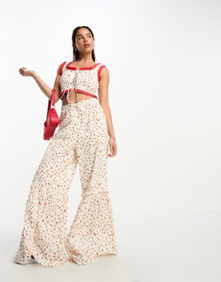 Комбинированные брюки с оборками и цветочным принтом Neon Rose — часть комплекта Neon Rose
