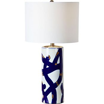 26" White and Cobalt Blue Swirl Table Lamp with White Drum Shade Signature Home Collection