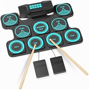 AODSK Electronic Drum Set,9 Electric Drum Practice Pad with Headphone Jack,Roll-up Drum Pad Machine Built-in Speaker Drum Pedals Drum Sticks,Great Holiday Xmas Birthday Gift (Dual Speakers) AODSK