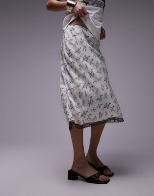 Синяя и слоновая кость юбка косой длины в стиле 90-х годов из винтажного кружева с микроцветком Topshop TOPSHOP