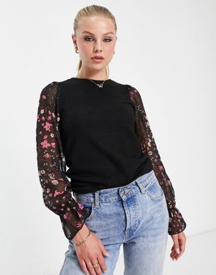 Черный вязаный свитер 2 в 1 New Look с прозрачными рукавами с цветочным принтом New Look