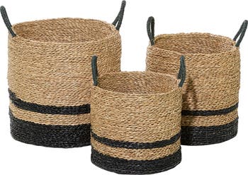 Черные и натуральные плетеные полосатые круглые корзины для морских водорослей с ручками - набор из 3 штук: 15" - 17" - 18" GINGER BIRCH STUDIO