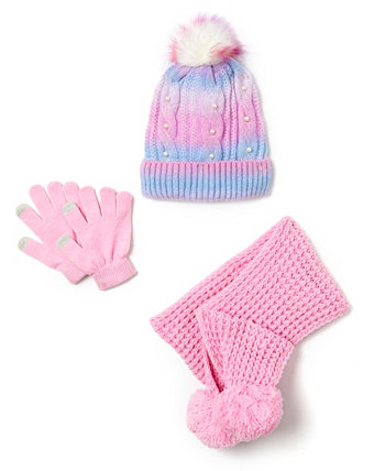Big Girls Imitation Pearl Cable Knit Hat, Gloves and Scarf, 3 Piece Set InMocean