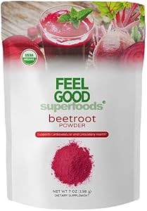 Feelgood Superfoods Fortified Organic Beetroot Powder, Nitric Oxide Booster for Cooking and Smoothies, Pure Beets with 10:1 Beet Root Extract, 7 oz Feel Good