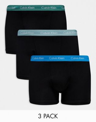 Calvin Klein Plus cotton stretch trunks 3 pack in black with colored waistband Calvin Klein