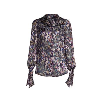 Painted-Print Tie-Cuff Blouse MILLY