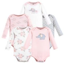 Hudson Baby Infant Girl Cotton Long-Sleeve Bodysuits, Pink Gray Elephant 5-Pack Hudson Baby