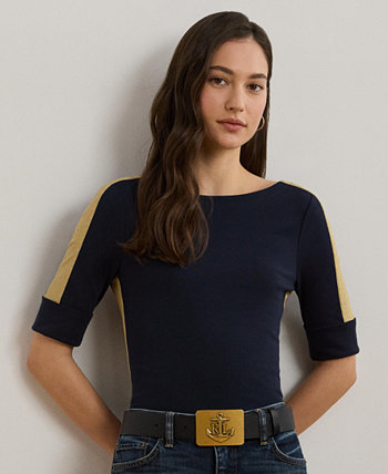 Women's Two-Tone Stretch Cotton Elbow-Sleeve Tee LAUREN Ralph Lauren