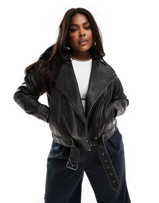 Yours PU biker jacket in charcoal Yours