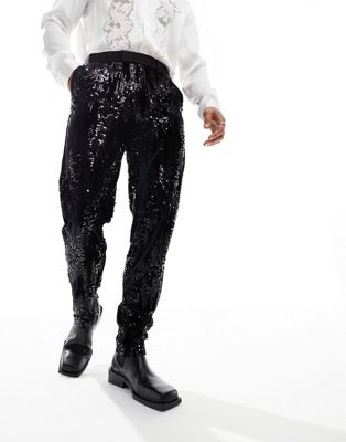 Черные узкие костюмные брюки с разбросанными пайетками ASOS DESIGN ASOS DESIGN