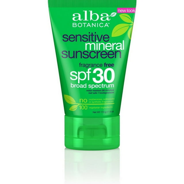 Alba Botanica Filtro Solar Mineral Sensible, Loción sin Fragancia SPF 30 4 oz Alba Botanica