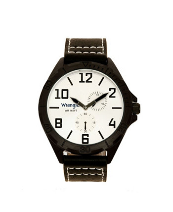 Мужские часы, черный корпус 48 мм IP, серебристый циферблат с солнечными лучами, черные арабские маркеры, прочный черный ремешок с белой строчкой, многофункциональные часы Wrangler