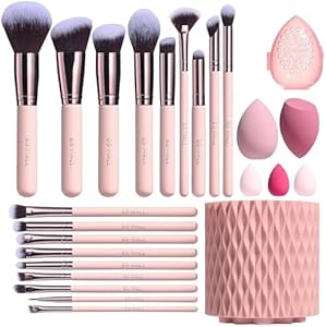 BS-MALL Makeup Brushes Premium Synthetic Foundation Powder (Порошок) Concealers Eye Shadows 18 Pcs Brush Set with 5 sponge & Holder Sponge Case (A-Pink) BS-MALL