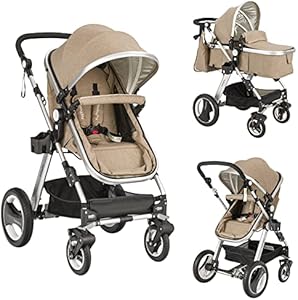 BABY JOY Baby Stroller, 2-in-1 Convertible Bassinet Reclining Stroller, Foldable Pram Carriage with 5-Point Harness, Including Cup Holder, Foot Cover, Diaper Bag, Aluminum Structure, Khaki BABY JOY