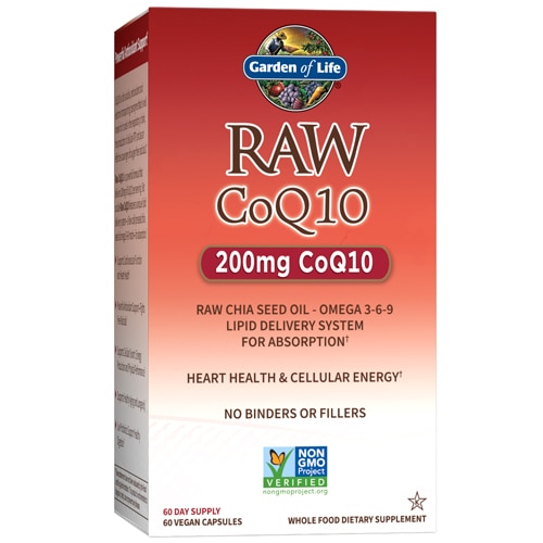 RAW CoQ10 200 мг - 60 веганских капсул с пробиотиками и Омега-3-6-9 Garden of Life