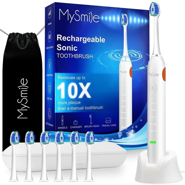 MySmile Adult Sonic Vibration Rechargeable Electric Toothbrush 5 Modes IPX7 Waterproof 6 Brush Heads, White MySmile