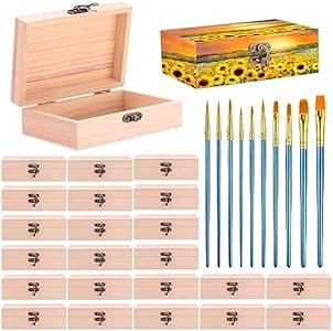 Barydat 24 Pcs Unfinished Wooden Boxes for Crafts 6 x 3.75 x 2 Inch, Wood Box with 10 Paintbrushes and Hinged Lid Wood Treasure Chest Boxes for DIY Crafts Jewelry Birthday Party Favor Gift Supplies Barydat