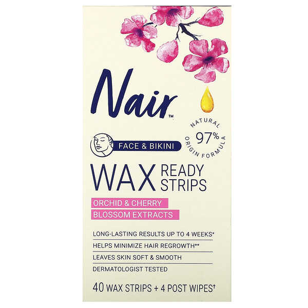 Средство для удаления волос, Wax Ready-Strips, для лица и бикини, 40 восковых полосок + 4 салфетки Nair