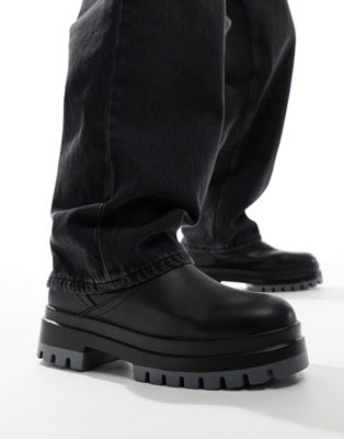London Rebel X chunky mid leg chelsea boots with contrast sole in black and gray London Rebel
