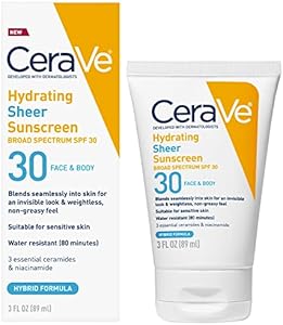 CeraVe Hydrating Sheer Sunscreen SPF 30 for Face and Body, Mineral & Chemical Sunscreen with Zinc Oxide, Hyaluronic Acid, Niacinamides and Ceramides, Paraben Free Fragrance Free, 3 Ounces CeraVe