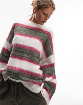 Разноцветный вязаный пушистый свитер в смешанную полоску с открытыми швами Topshop TOPSHOP