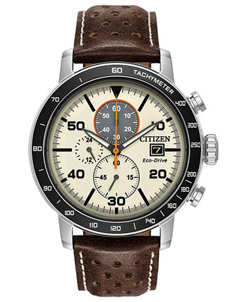 Eco-Drive Мужские часы с коричневым кожаным ремешком и хронографом 44 мм Citizen