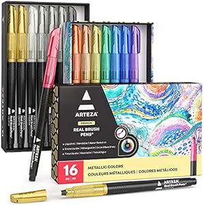 ARTEZA Metallic Markers, 16 Real Brush Pens, Blendable Watercolor Pens with Liquid Ink, Paint Marker Set for Artists ARTEZA