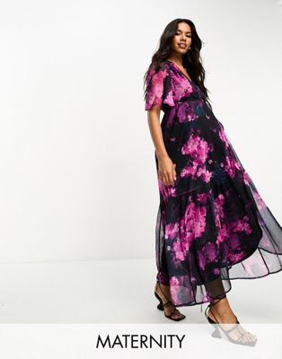Пурпурное платье макси с запахом и развевающимися рукавами Hope & Ivy для беременных Hope & Ivy