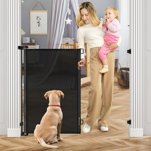 Retractable Baby Gate, 42" Tall HDJ Mesh Dog Gate, Extends to 71" Wide, Black HDJ