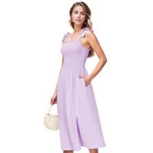 Women's Boho Summer Sleeveless Tie Straps Square Neck Smocked Split Midi Dress With Pockets Anna-Kaci