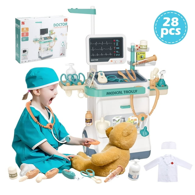 Kids Doctor Play Set, Lictin 28 pcs Pretend Medical Station Set with Mobile Cart, Stethoscope, Doctor Coat & Hat for Toddlers, Doctor Kit Role Play Toys for Boys Girls Lictin