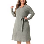 Plus Size Dress for Women Ribbed Sweater Half Zip Front Long Sleeve Tie Waist Knit with Belt Agnes Orinda