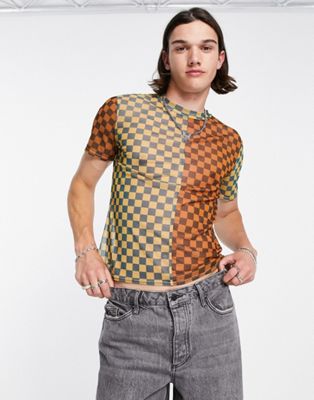 2-Minds sheer mesh T-shirt in multi check 2-Minds