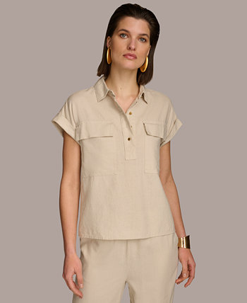 Women's Short-Sleeve Linen-Blend Collared Shirt Donna Karan New York