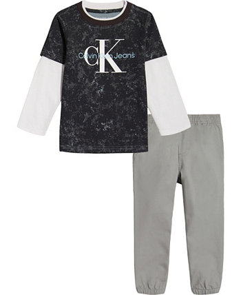  Футболка с длинным рукавом и логотипом в комплекте с брюками-джоггерами из твила, 2 предмета Calvin Klein