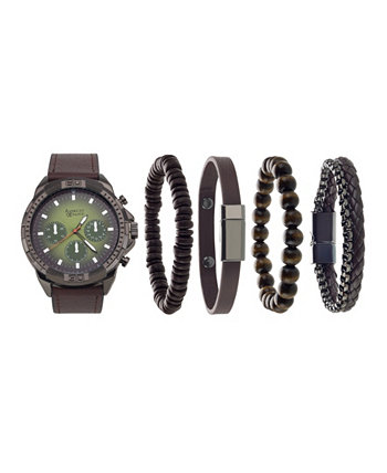 Подарочный набор мужских часов коньячного цвета с ремешком из искусственной кожи 51 мм American Exchange