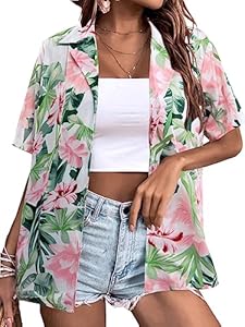 Women Hawaii Shirts: Soft Cool Floral Tropic Print V Neck Summer Tops Short Sleeve Button Up Tops T-Shirt TAOHONG