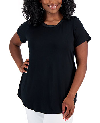 Plus Size Satin Trim Neck Short-Sleeve Top, Created for Macy's J&M Collection