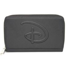 Disney Wallet, Rectangle Zip Around, Disney Signature D Logo Embossed, Black Vegan Leather Buckle-Down